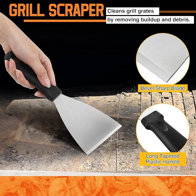 3 Piece Pellet Grill Ash Cleaning Kit, Includes Large Dust Pan, Soft Bristle Brush and Metal Scraper for Easy Removal of Ash, Debris and Grime