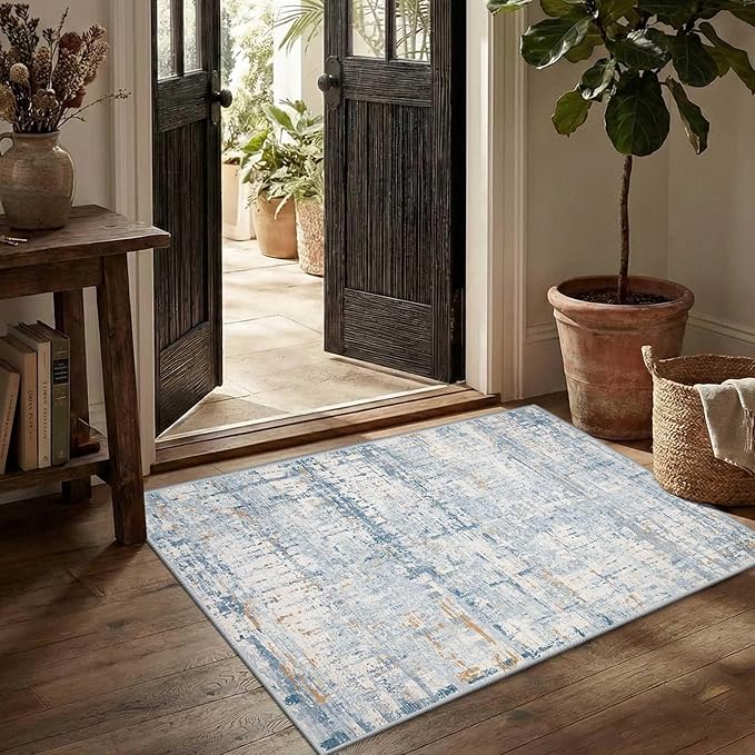 2x3 Entryway Rug,Door Mat Indoor Entrance, Washable Non Slip Kitchen Bathroom Rugs, Ultra-Thin Throw Small Rug for Front Door, Blue Beige