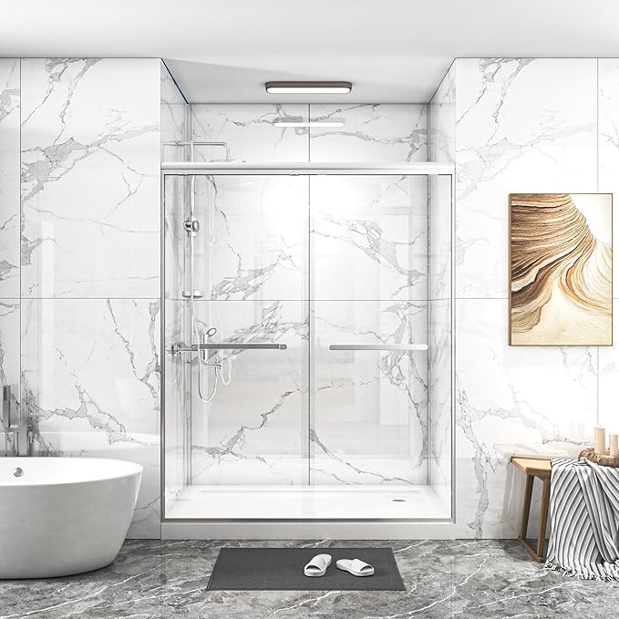 Double Sliding 56-60" W×72" H Shower Door,Semi-Frameless Sliding Glass Shower Door with 1/4''(6mm) Clear SGCC Tempered Glass,for Walk-in Shower Enclosure,Brushed Silvery