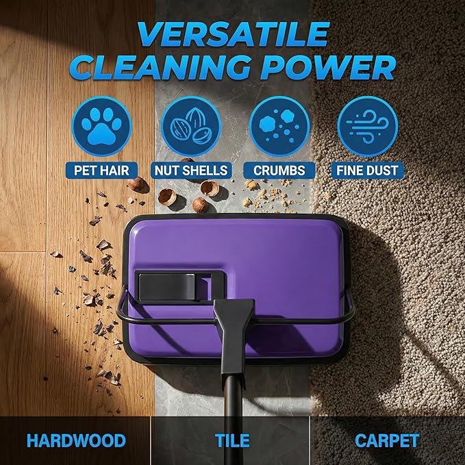 Manual Carpet Sweeper, Electric-Free Quiet Floor Sweeper with 300ml Easy-Empty Dustbin, 6.7” Cleaning Width for Pet Hair, Crumbs, Dust on Carpets, Hardwood, Tile - Home & Office Use (Purple)