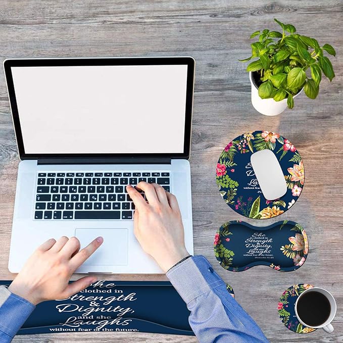 Ergonomic Keyboard Wrist Rests Gel Memory Foam Mouse Pad with Round Mousepad + Coasters, Wrist Support Set with Non Slip Base for Gaming Office Laptop Easy Typing, Psalm 31:25 Watercolor Floral
