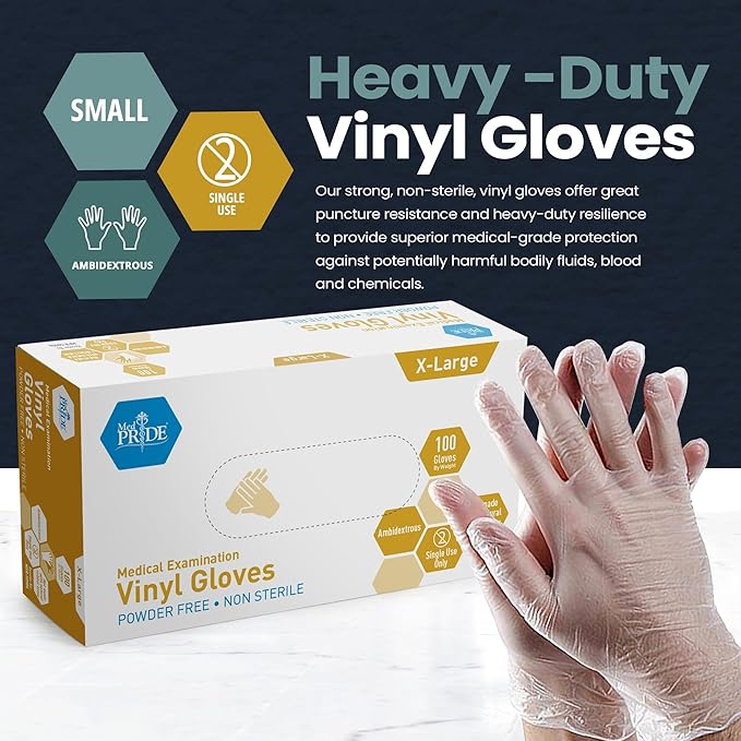MED PRIDE Medical Vinyl Examination Gloves (X-Large, 100-Count) Latex & Rubber Free, Ultra-Strong, Clear Disposable Powder-Free Gloves for Healthcare & Food Handling Use
