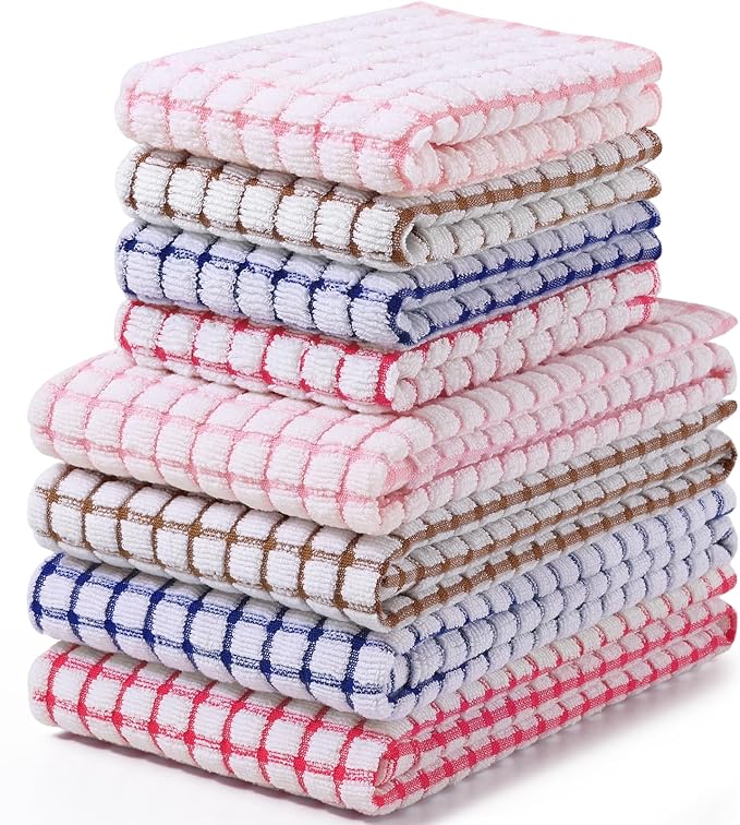 Homaxy Kitchen Towels and Dishcloths Set, 16 x 25 and 12 x 12 Inches, Set of 8 Cotton Terry Kitchen Dish Towels, Super Soft and Absorbent Dish Cloths, Blue/Pink/Red/Brown