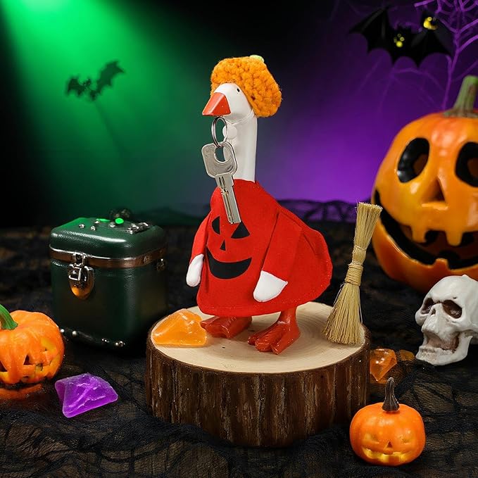 Abbylike Thanksgiving Mini Desk Goose Outfits 7 Inch Magnetic Silly Goose Statue Candy Corn Costume with Witch Hat and Broom for Halloween Magnetic Duck Statue Desk Key Holder Decor(Pumpkin)