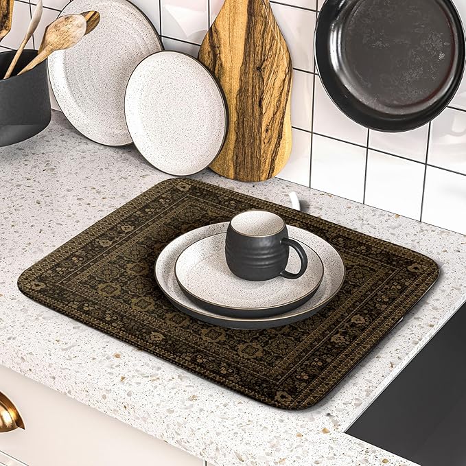 Brown Antique Tabriz Rug Dish Drying Mat for Kitchen Counter,Retro Turkish Vintage Floral Block Print Drying Mat 16 x 18 Inch with Absorbent Reversible Microfiber Drying Pad for Coffee Bar