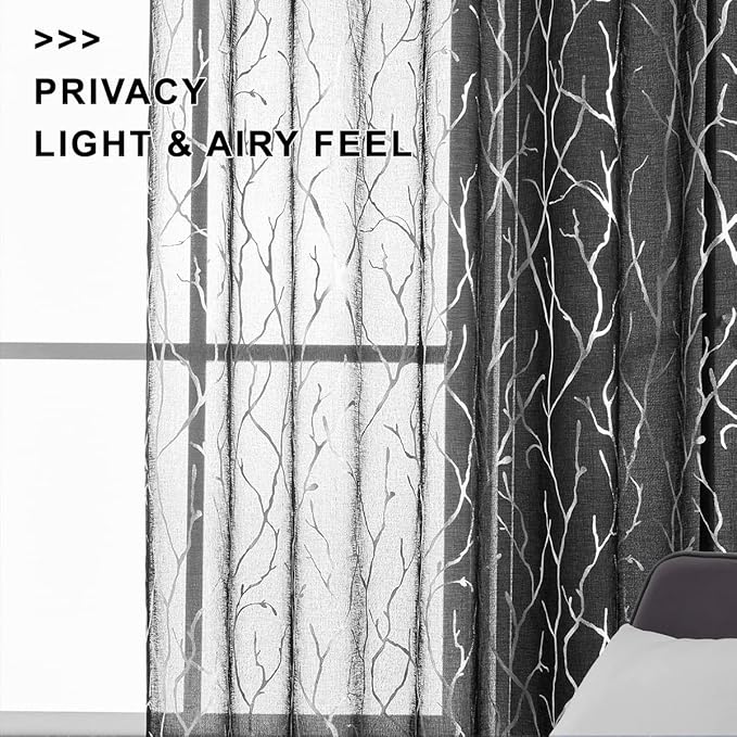 FINECITY Curtains, 2 Pair Black Silver Sheer, 52 x 84 Inch, Rod Pocket, Living Room, Tree Branch Pattern