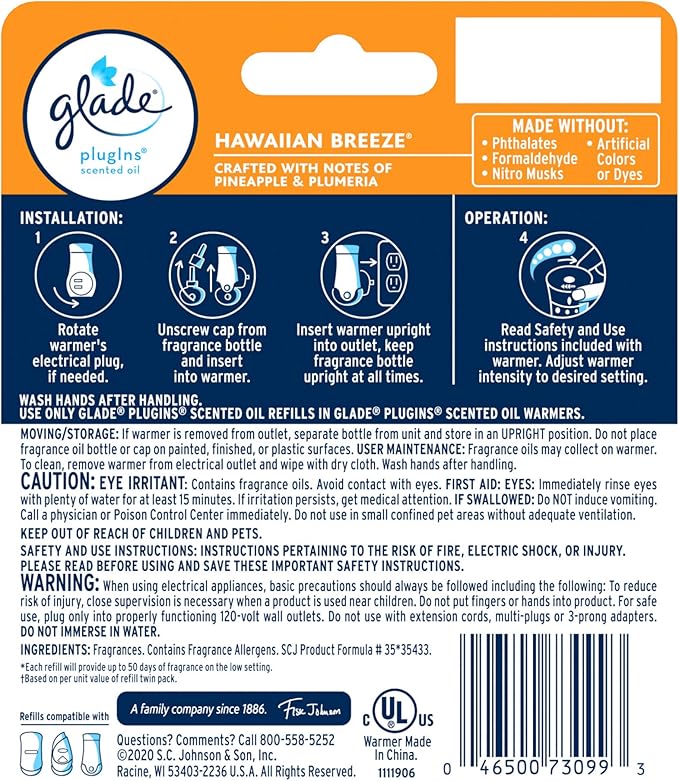 Glade PlugIns Refills Air Freshener Starter Kit, Hawaiian Breeze, Scented and Essential Oils for Home and Bathroom, 0.67 Fl Oz, 1 Warmer + 1 Refill