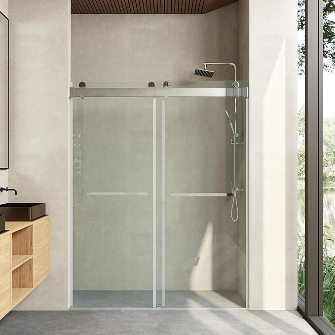 Frameless Soft Close Shower Door, 68"-72 "W, 76 "H, 3/8" (10mm) Clear Tempered Glass, Double Sliding Doors, Chrome Finish.