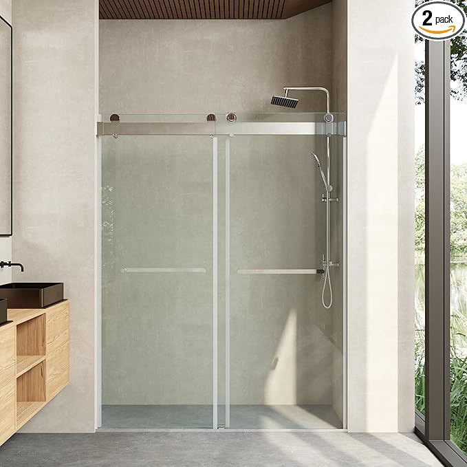 Frameless Soft Close Shower Door, 46"-48 "W, 76 "H, 3/8" (10mm) Clear Tempered Glass, Double Sliding Doors, Chrome Finish.