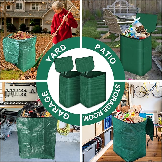 2 Pack 53 Gallons Yard Waste Bags, Reusable Heavy Duty Lawn and Leaf Bags with Lid & Gardening Gloves, Large Dustpan Lawn Bags, Collapsible Garden Waste Container for Leaves Grass Clippings Debris
