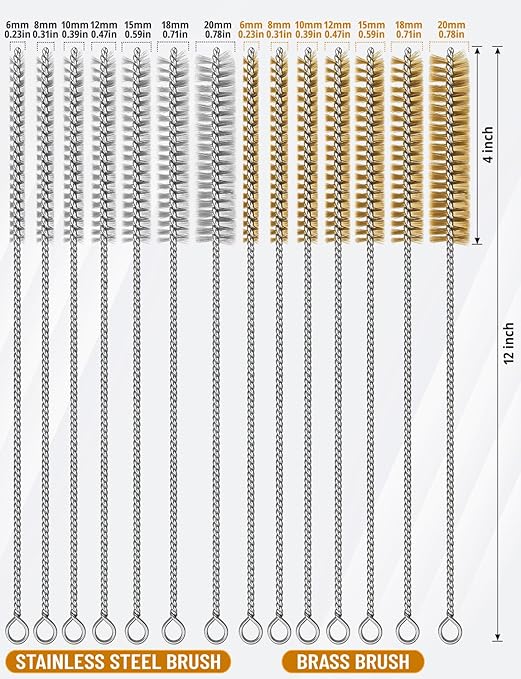 14pcs Stainless Steel & Brass Wire Brush, 12 inch Pipe Tube Cleaner Brush, Bore Brushes Metal Bristle Cleaning for Tubes, Cylinders, Bottle, Auto Parts (6mm/8mm/10mm/12mm/15mm/18mm/20mm)
