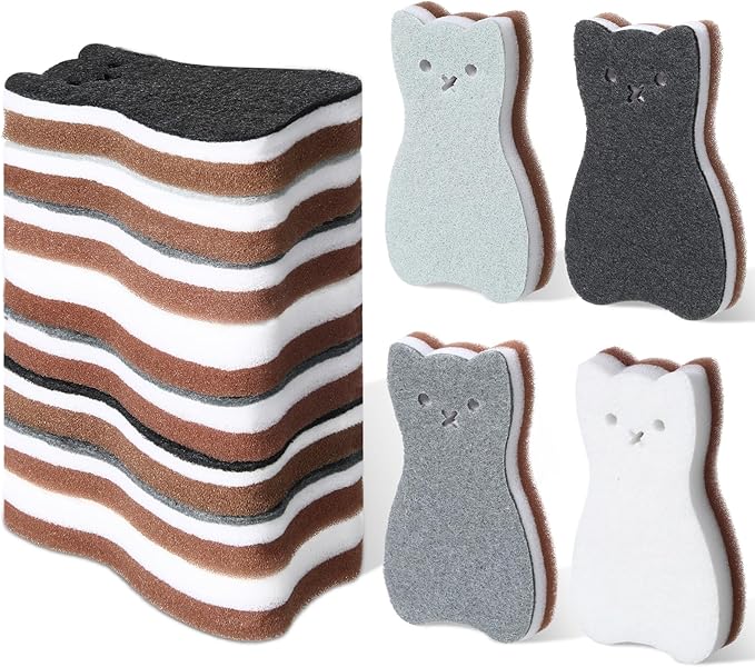12 Pcs Cat Kitchen Sponges for Dishes Double Sided Cleaning Dish Scrub Sponge Bulk Reusable Non Scratch Scrubbers for House Cleaning Dishwashing(Cat,Grey,White,Blue,Black)