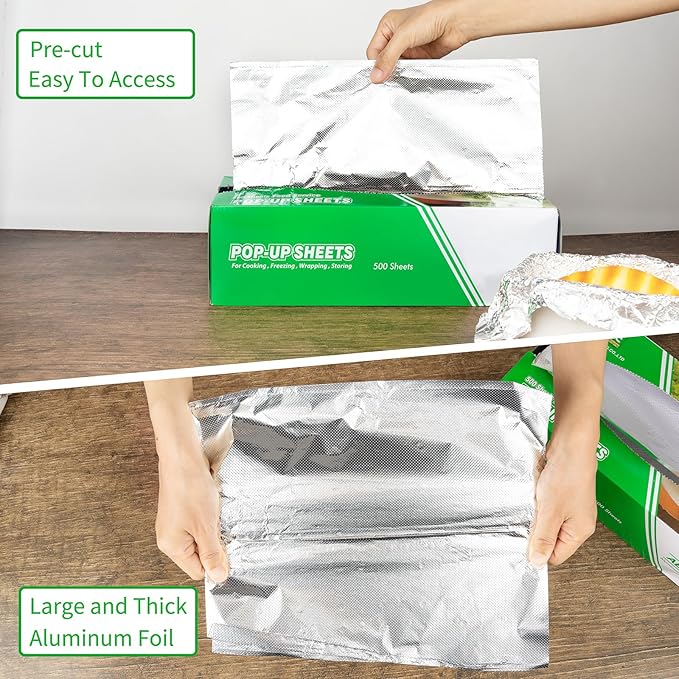 Aluminum Foil Wraps - 500 Precut Sheets, 12 x 10.75 Inch, Pop-Up Interfolded Foil for Baking, Grilling, Roasting, Cooking or Storing Food