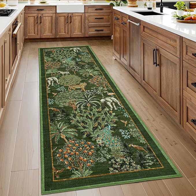 GarveeHome Jungle Rug 2.5x10 Kitchen Runner Rug Non Slip Washable Runners for Hallways, Animal Print Runner Rugs with Rubber Backing Low-Pile Forest Long Carpet for Bedroom Entryway, Dark Green
