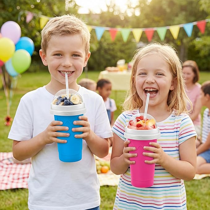 2 Pack Slushy Cup with Cleaning Brush Set - DIY Quick Freeze Squeeze Cup with Lid, Straw Spoon, Slushie Maker for Milk Juice Smoothies, Summer Gift for Kids Family Friends (Blue+Pink)