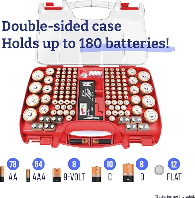 Battery Organizer Storage Case with Tester, Holds 180 Batteries, Clear Hinged Cover, Locking Lid - For AA, AAA, C, D and More, Red