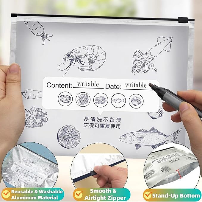 FERENLI 20 pcs 9.1x6.7inch Reusable Aluminum Foil Food Storage Bags with Label Zipper Seal Lock Stand up Freshness Freezer Bags for Meat Fish Vegetables Fruit Seafood Kitchen Organization
