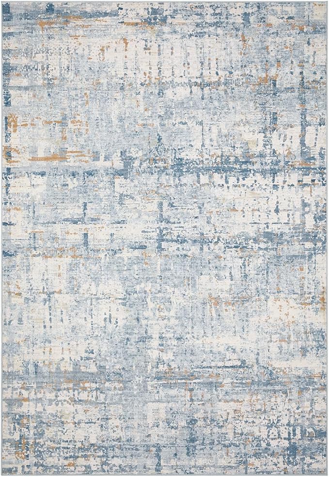 10x14 Extra Large Washable Area Rug, Soft Abstract Vintage Rug for Living Room, Bedroom, Office, Farmhouse, Low Pile Imitation Wool Non Slip Carpet Ideal for High-Traffic Areas, Blue Beige