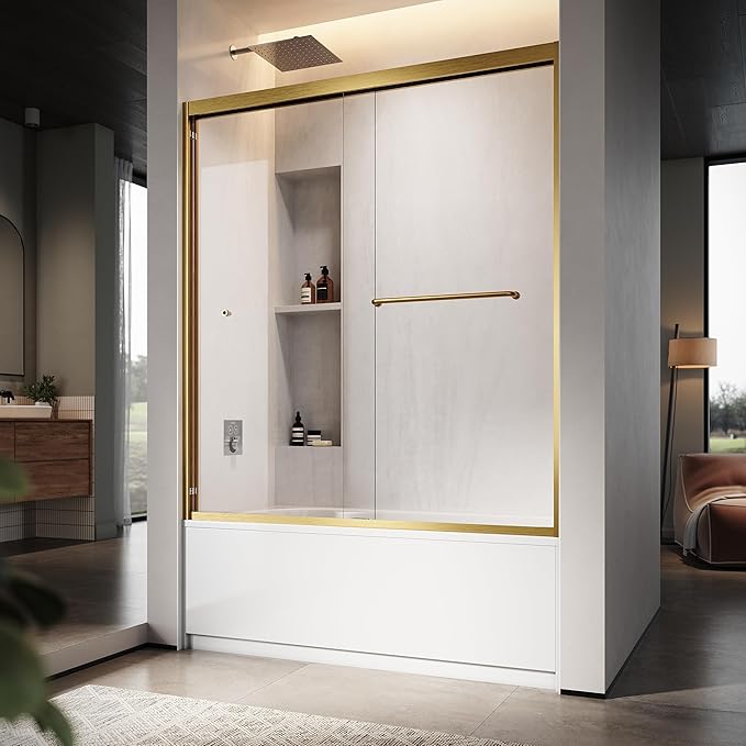 60" W x 60" H Double Sliding Frame Bathtub Door with 5/16" Clear Tempered Glass,Stainless Steel Roller Brackets,Waterproof Threshold Track,Easy-Cleaning Coating & Towel Bar/Knob,Satin Brass