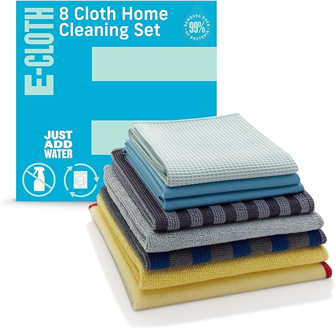 E-Cloth Home Cleaning Set, Premium Microfiber Cleaning Cloth, Household Cleaning Tools & Supplies for Dusting, Bathroom, Kitchen & Cars, Washable & Reusable, 100 Wash Guarantee, 8 Piece Set