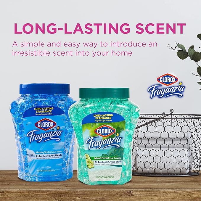 Clorox Fraganzia Crystal Beads Air Freshener, Long Lasting Room Deodorizer and Odor Eliminator Gel Beads to Freshen Home, Car, or Office, Island Orchid Scent, 12 Fl Oz - 6 Pack