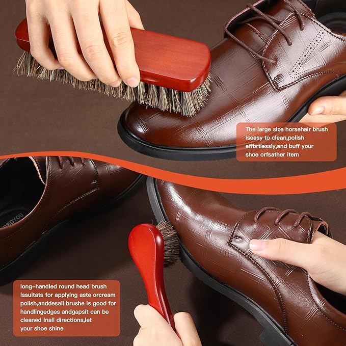5 Pcs Horsehair Shine Shoes Brush Kit Polish Dauber Applicators Cleaning Leather Shoes Boots Care Brushes Suede Cleaner Brush with Microfiber Shoe (Brown)