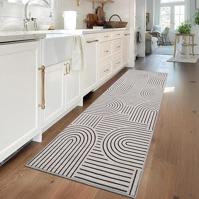 Modern Rug 2.5x10 Runners for Hallways, Abstract Kitchen Runner Rugs Non Slip Bath Runner, Rainbow Washable Rug for Bedroom, Soft Long Rugs for Entryway Bathroom Laundry Dorm, LightCamel