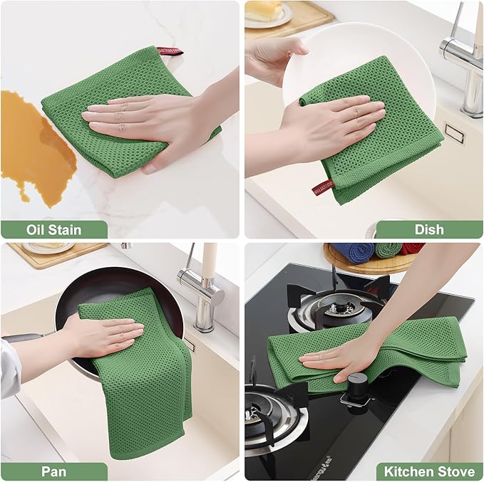 Homaxy 100% Cotton Kitchen Towels and Dishcloths Set, 12 x 12 Inches and 13 x 28 Inches, Set of 10 Bulk Kitchen Towels Set, Ultra Soft Absorbent Dish Cloths for Washing Dishes, Grass Green