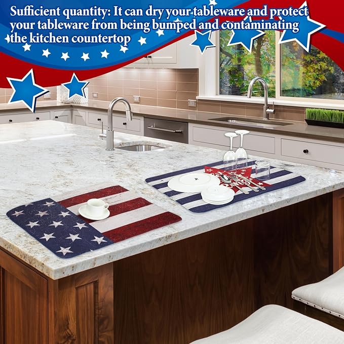 2 Pcs Memorial Day Dish Drying Mat for Kitchen 18 x 24 Inch 4th of July 250th Anniversary USA Patriotic Red White Blue Independence Day Star Microfiber Drainer Mat for Countertop