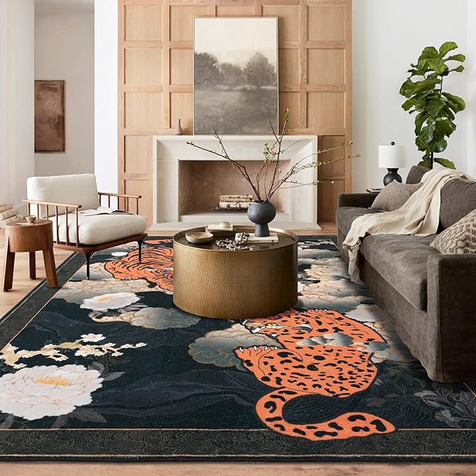 Tiger 6X9 Area Rug, Japanese Washable Leopard Tiger Rugs for Living Room, Vintage Large Soft Dining Room Rug, Non Slip Ultra Thin Stain Resistant Floor Carpet for Home Office Bedroom, Black