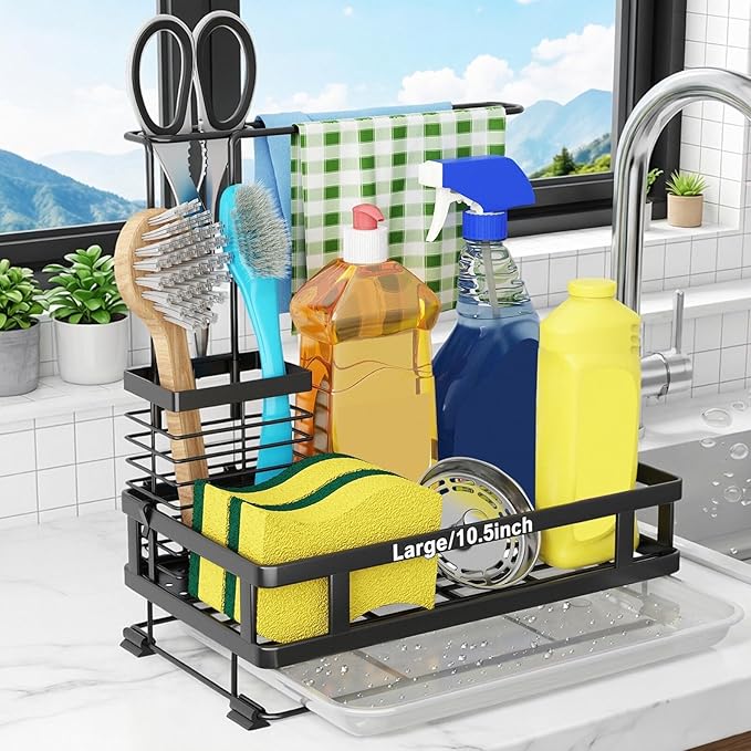 Godboat Dish Soap Dispenser, Kitchen Sink Organizer with Brush Rack, 304 Stainless Steel, Sponge Holder for Kitchen Sink, Sink Caddy with Drain-Pan, Cool Kitchen Gadgets & Gifts for Women, Christmas