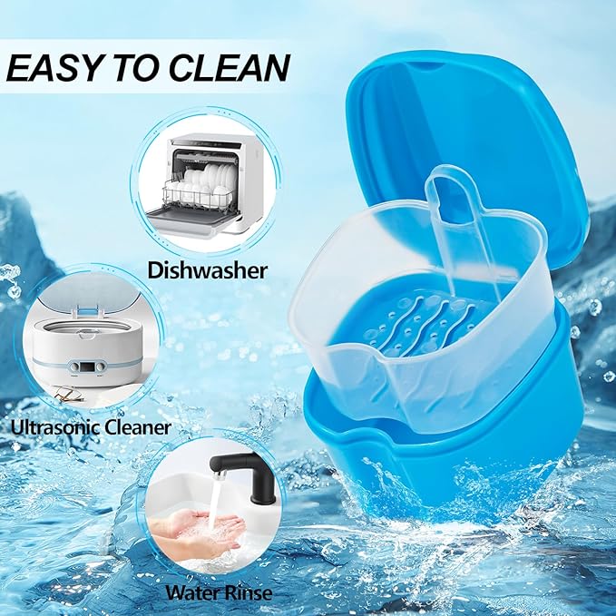 2 Pack Denture Cup Denture Bath Holder Case with Strainer Basket, Dental Retainer Cleaner Case False Teeth Container Denture Bath Soaking Cup with 2 Brushes - Purple and Blue