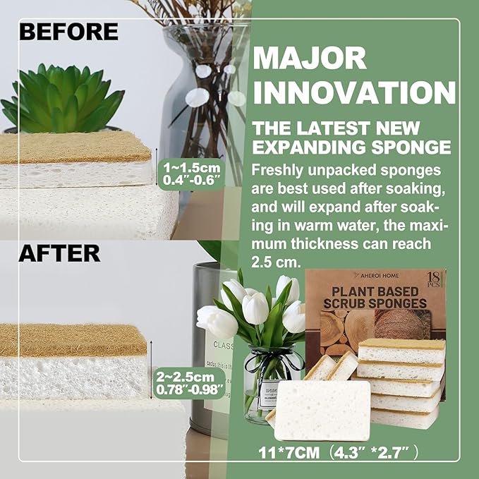 Aheroi Natural Dish Sponge, 18 Count FSC Certified Plant-Based Biodegradable Kitchen Sponges for Dishes, Compostable Eco Friendly Sponges, Organic Cleaning Sponge Dish Scrubber Products for Household