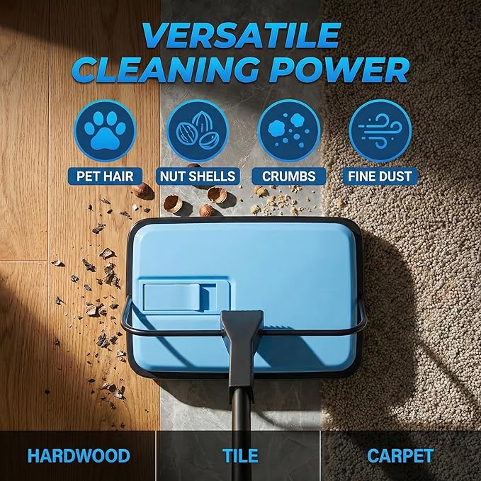 Manual Carpet Sweeper, Electric-Free Quiet Floor Sweeper with 300ml Easy-Empty Dustbin, 6.7” Cleaning Width for Pet Hair, Crumbs, Dust on Carpets, Hardwood, Tile - Home & Office Use (Blue)