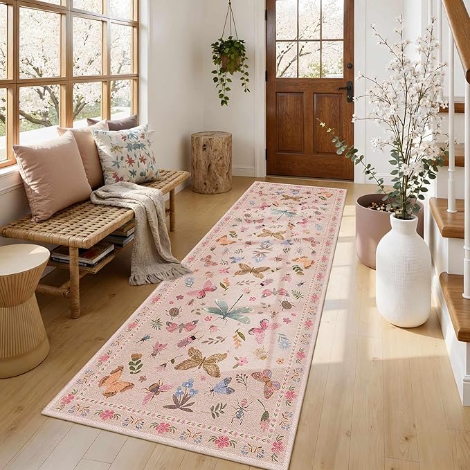 2x6 Floral Runner Rug, Washable Runners for Hallways, Pink Vintage Boho Kitchen Rugs, Non Slip Hallway Runner Carpet for Indoor Hallway, Kitchen, Laundry Room and Bathroom