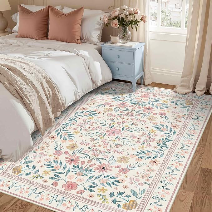 3x5 Rug for Entryway Bedroom, Pink 3x5 Washable Area Rug, Floral Vintage Retro Boho Throw Rug, Non Slip & Low Pile Small Carpet for Indoor Kitchen, Bedside, Living Room, Bathroom and Dining
