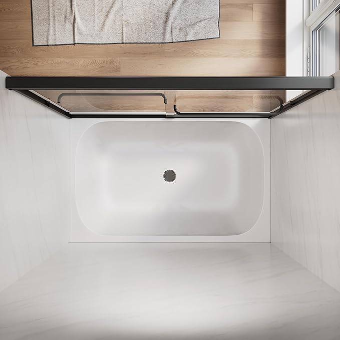 SUNNY SHOWER Double Sliding Glass Door 60" W x 57" H Shower Door 1/4" Tempered Glass Sliding Door Semi-Frameless Shower Glass Enclosure Bypass Walk in Shower Cabin, Matte Black