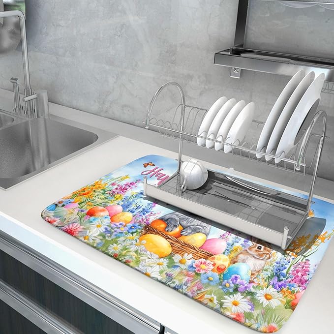 Khope Happy Easter Dish Drying Mat for Kitchen Counter 18x24 Inch Bunny Eggs Butterfly Flowers Reusable Washable Farmhouse Flower Drying Pad Countertop Home Decor