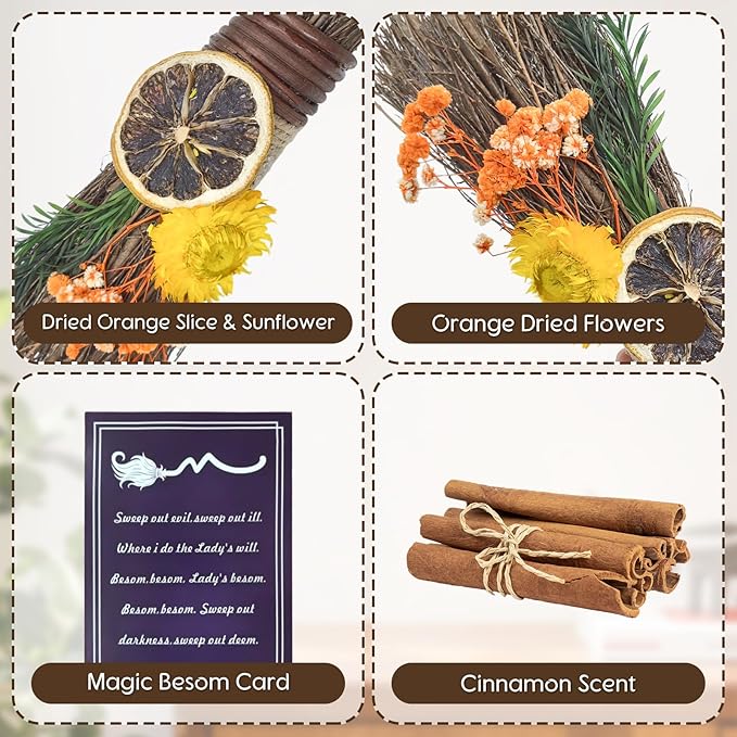 Cinnamon Broom 7.5 Inch Mini Spring Floral Cinnamon Broomstick Scented Natural Herbal Protection Handmade Witch Broom for Altar Spring Flower Home Wall Porch Decoration