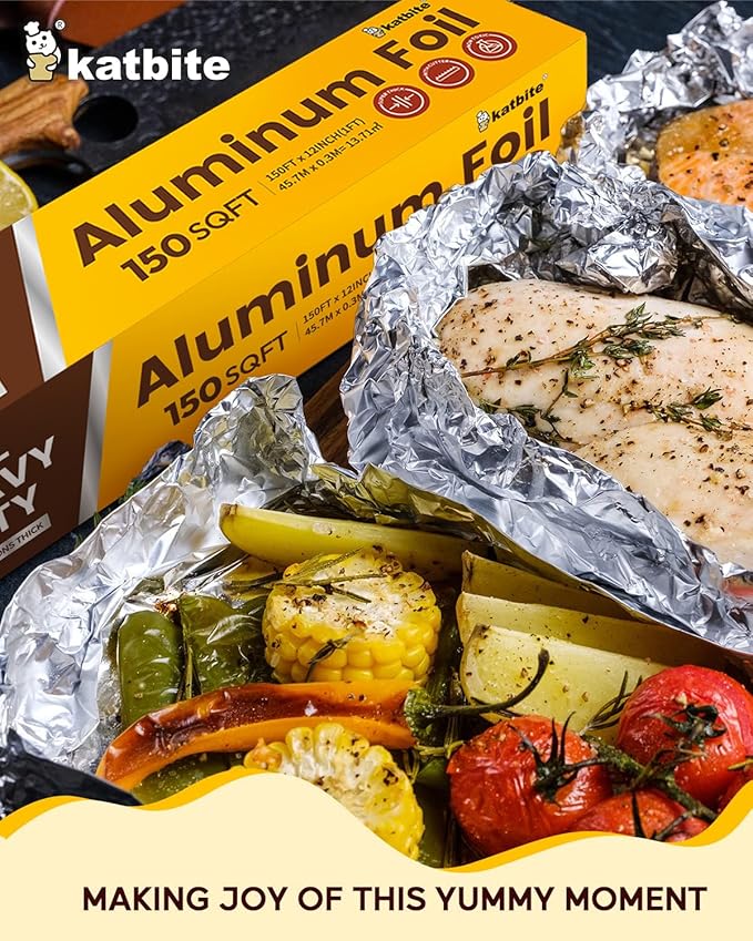 Katbite Aluminum Foil Roll, Heavy Duty 12inx150ft, 30 Micron Thick Strong Foils Aluminum Roll with Cutter for Home Cooking, Catering, Grilling,150Sqft