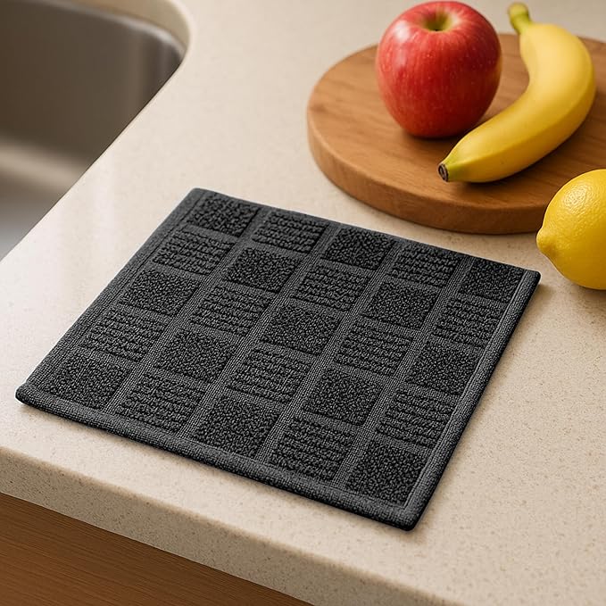DecorRack 10 Pack 100% Cotton Kitchen Towels, 12x12 inch Soft Terry Dishcloths, Absorbent Hand Towels for Cleaning, Drying & Dishes, Plaid Pattern Cleaning Rags, Gray (Pack of 10)