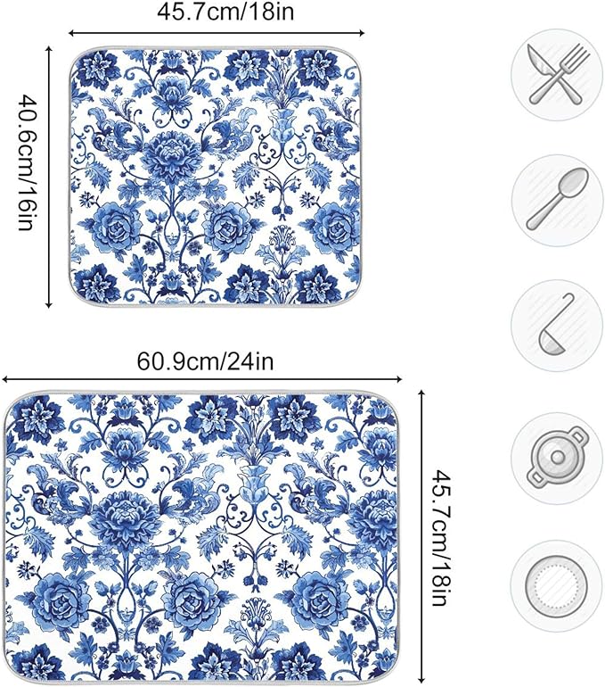 Blue White Porcelain Peony Dish Drying Mat for Kitchen Countertop 16x18 Rectangle Small Drying Mat Reusable Quick Dry Dish Sink Absorbent Mats Dishwasher Easy Clean Decorative Home Decor Essentials