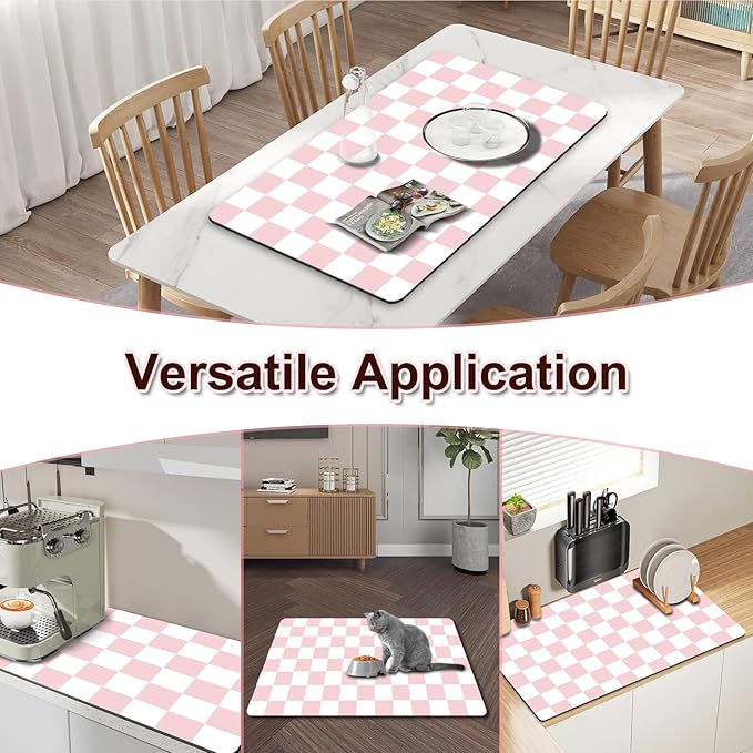 Dish Drying Mat for Kitchen Counter, 17’’ X 28’’ Checkered Large Coffee Station Mat, Super Absorbent Fit Under Coffee Maker Pad, Espresso Machine Mats, Drainer Mat Easy Clean, Pink & White