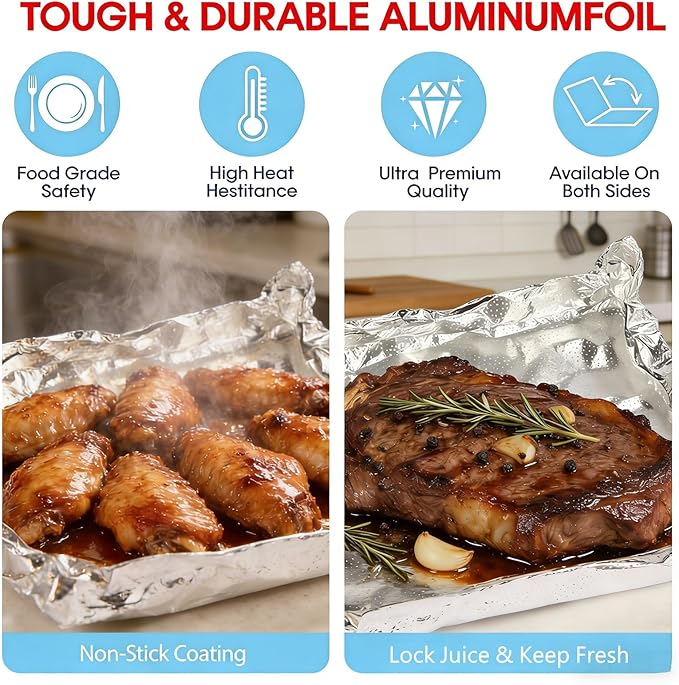 Aluminum Foil Sheets, 500 Count Pre-Cut Aluminum Tin Foil Sheet, 12" x 10.75" Large Heavy-Duty Pop-Up Dispenser for Sandwich Wrap, Hot Dog, Food Storage, Baking, Kitchen Service