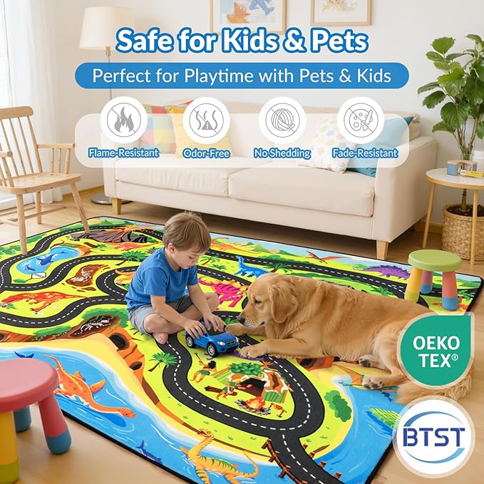 Kids Rug, 5x7 Ft Dinosaur Road Map Rug for Kids, Soft Flannel Play Mat with Non-Slip, Easy to Clean, Cushioned Baby Play Mat Carpet to Boost Motor Skills & Imagination