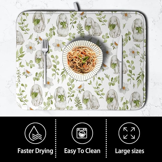 Easter Bunny Floral Drying Mat for Kitchen Counter Spring Easter Rabbits Green Leaves Dry Dish Mat Absorbent Microfiber Dish Draining Washable Dish Drainer Rack Mat 16x18 Inch