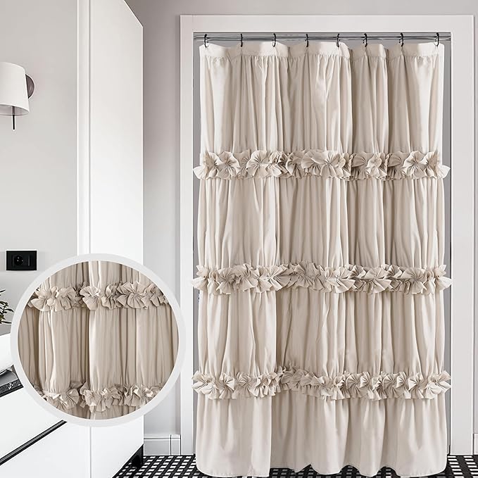 Camel Ruffle Stall Shower Curtain, Vintage Handcrafted Bow Tie Bath Curtain for Master Bathroom, Ruched Microfiber Bathroom Curtain with 8 Buttonholes, 48" W x 72" H (LQ-10)
