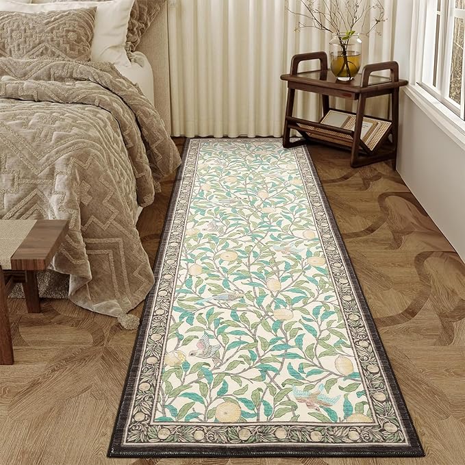GarveeHome 2x6 Runners for Hallways Non Slip, Boho Leaf Kitchen Runner Rug Washable Rugs for Bedroom, Low Pile Soft Beige Runner Botanical Bird Rug for Dorm Entryway Laundry Room Bedroom