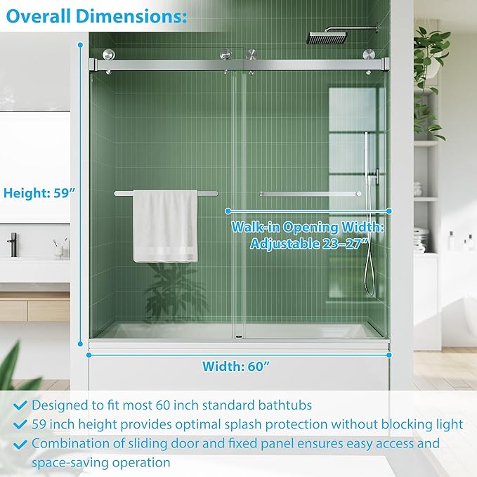 60" x 59" Frameless Sliding Shower Door for Bathtub, Dual 1/4" Brushed Tempered Glass Panels, Stainless Steel Square Top Rail & Dual Handles, Smooth Bi-Directional Sliding, Space-Efficient