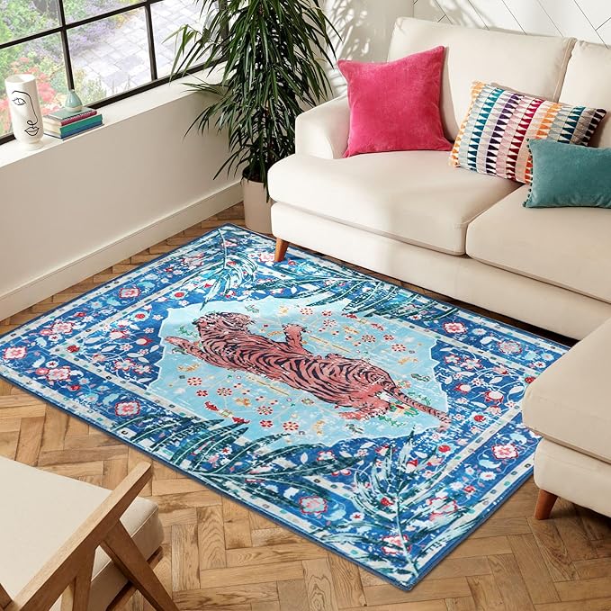 3x5 FT Leopard Rug for Living Room Vintage Animal Rug Aesthetic Rugs for Girls Room Nursery Bedroom Home Office Dorm Thin Bright Blue Carpe (Blue, 3X5 FT)